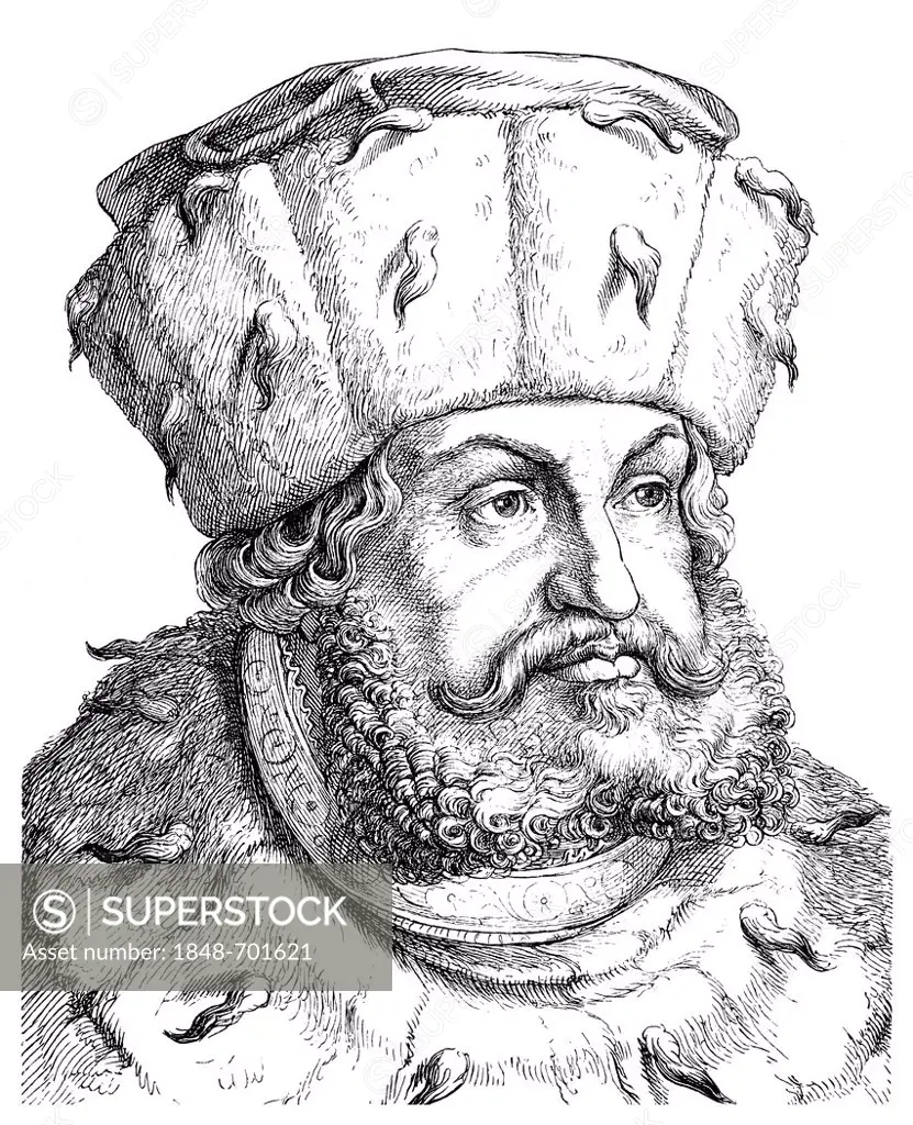 Historical drawing from the 19th Century, portrait of Frederick III or Frederick the Wise, 1463 - 1525, Elector of Saxony
