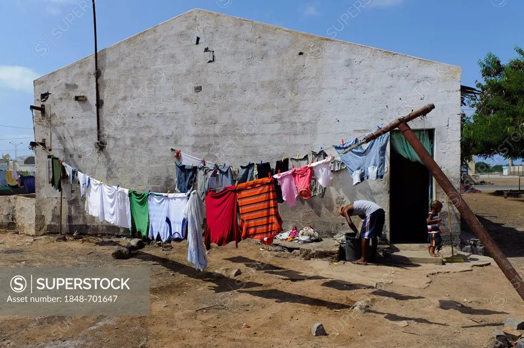 Clothesline in front of house at the harbour of Palmeira, Sal, Cape Verde, Africa