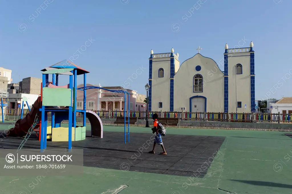 Igreja Santa Isabel church and playground in Sal Rei, Boa Vista, Cape Verde, Africa