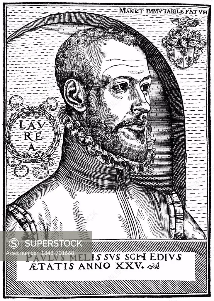 Historical engraving, woodcut, portrait of Paul Melissus or Paul Schede or Paulus Schedius Melissus, 1539 - 1602, Neo-Latin humanist writer, translato...