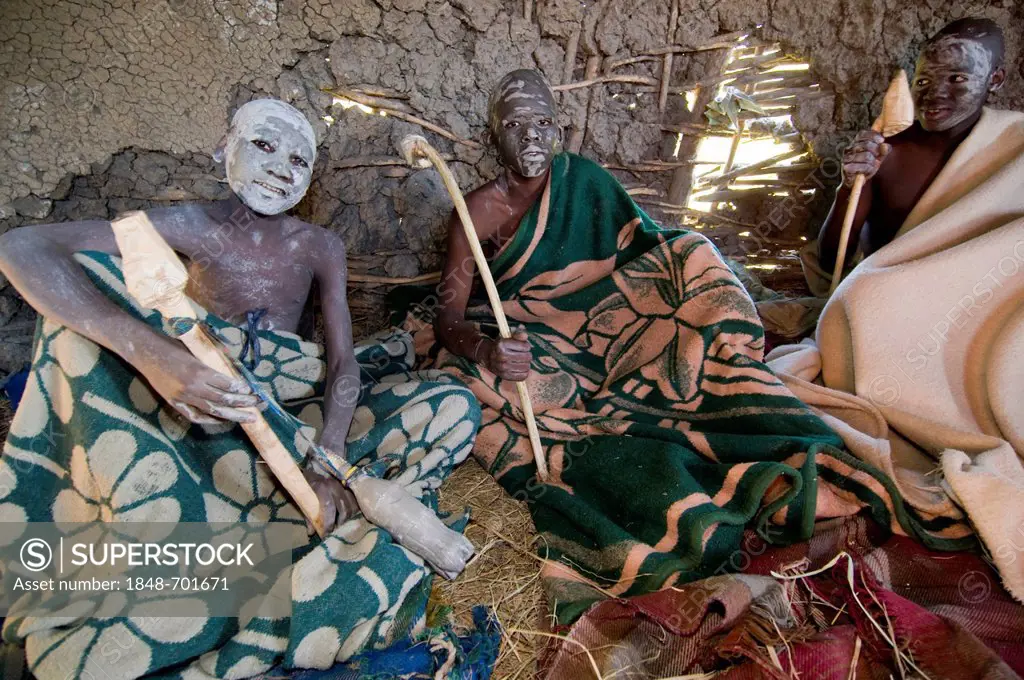 Xhosa boys smeared with clay during the traditional circumcision ceremony, Wild Coast, Eastern Cape, South Africa, Africa