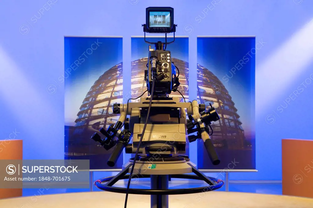 Television studio of the German Parliament, Deutscher Bundestag, studio set with a picture of the dome of the Reichstag, Berlin, Germany, Europe