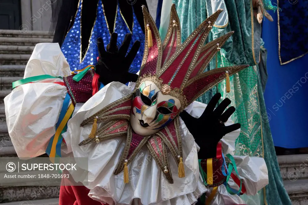Masked man dressed as a harlequin at the carnival in Venice, Veneto, Italy, Europe