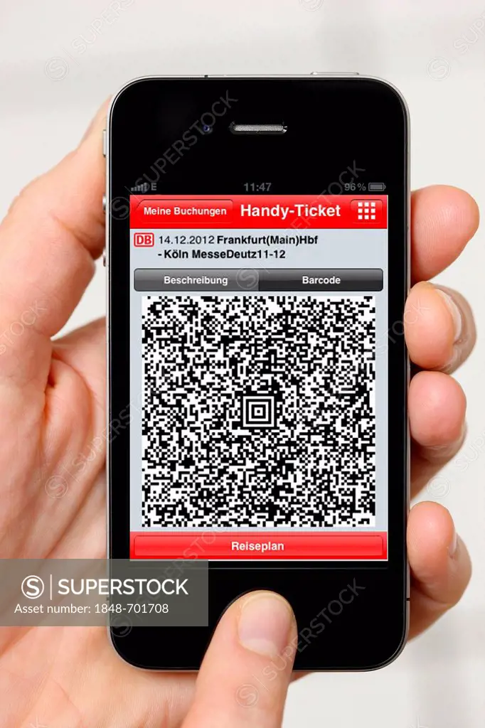 Iphone, smartphone, app on the screen, travel information, QR code-ticket of Deutsche Bahn, the German national railway company