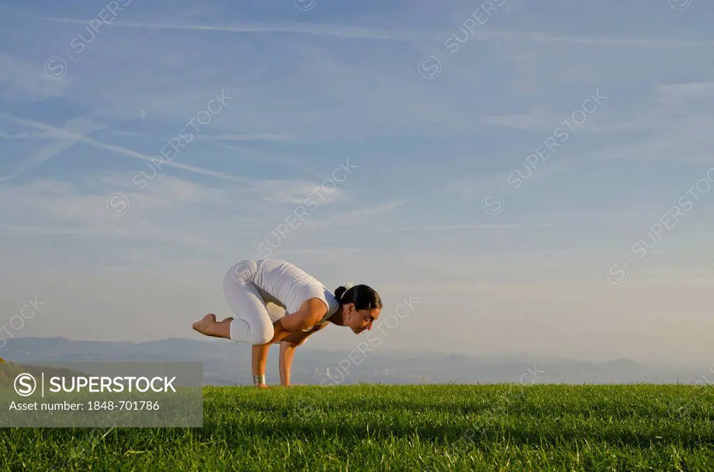 Young woman practising Hatha yoga outdoors, showing the pose kakasana, bakasana, crow pose, crane pose, Nove Mesto, Okres Teplice, Czech Republic, Eur...