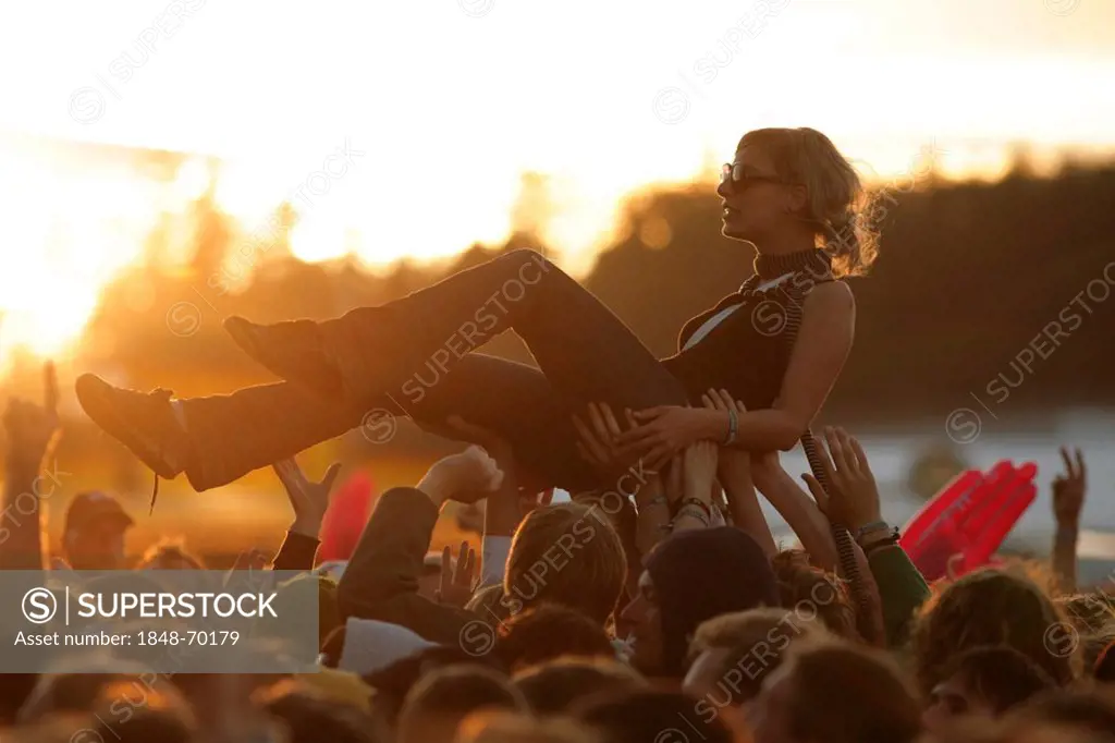 Female crowdsurfer at Southside, open-air festival, Neuhausen ob Eck, Bavaria, Germany, Europa