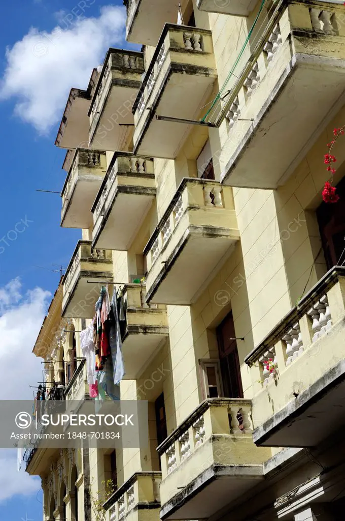 Balconies in the historic district of Havana, Habana Vieja, Cuba, Greater Antilles, Caribbean, Central America, America