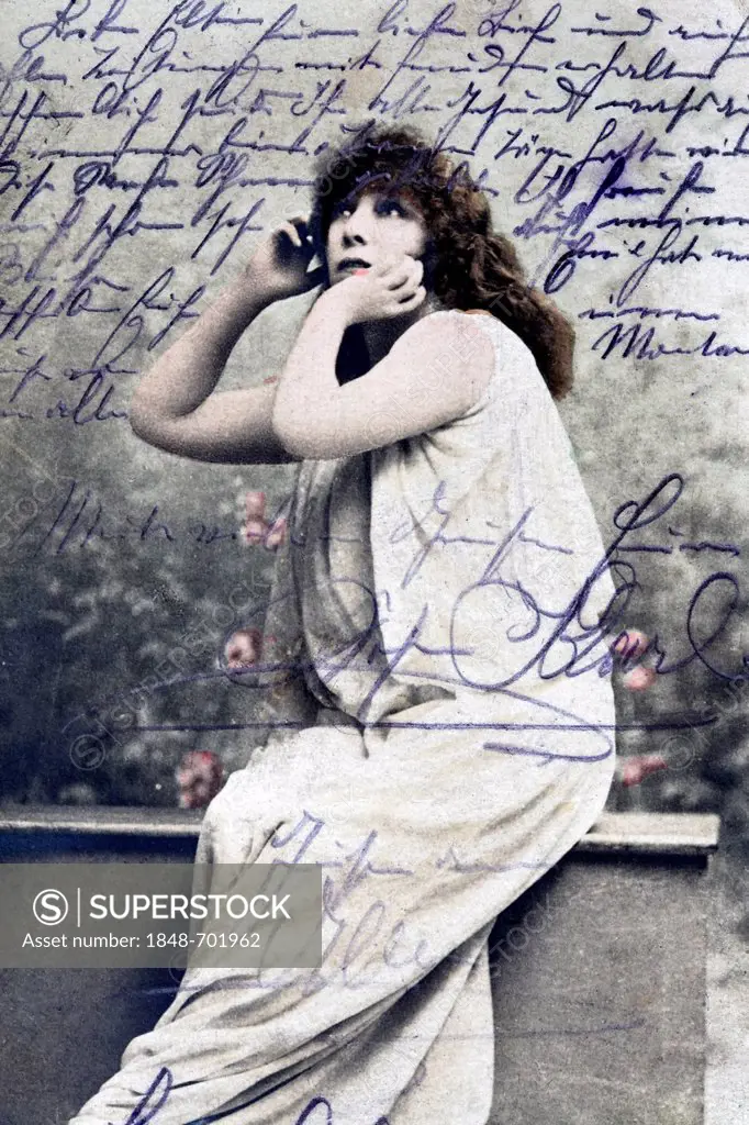 Historic postcard with a pensive woman, writing in Suetterlin script, around 1900