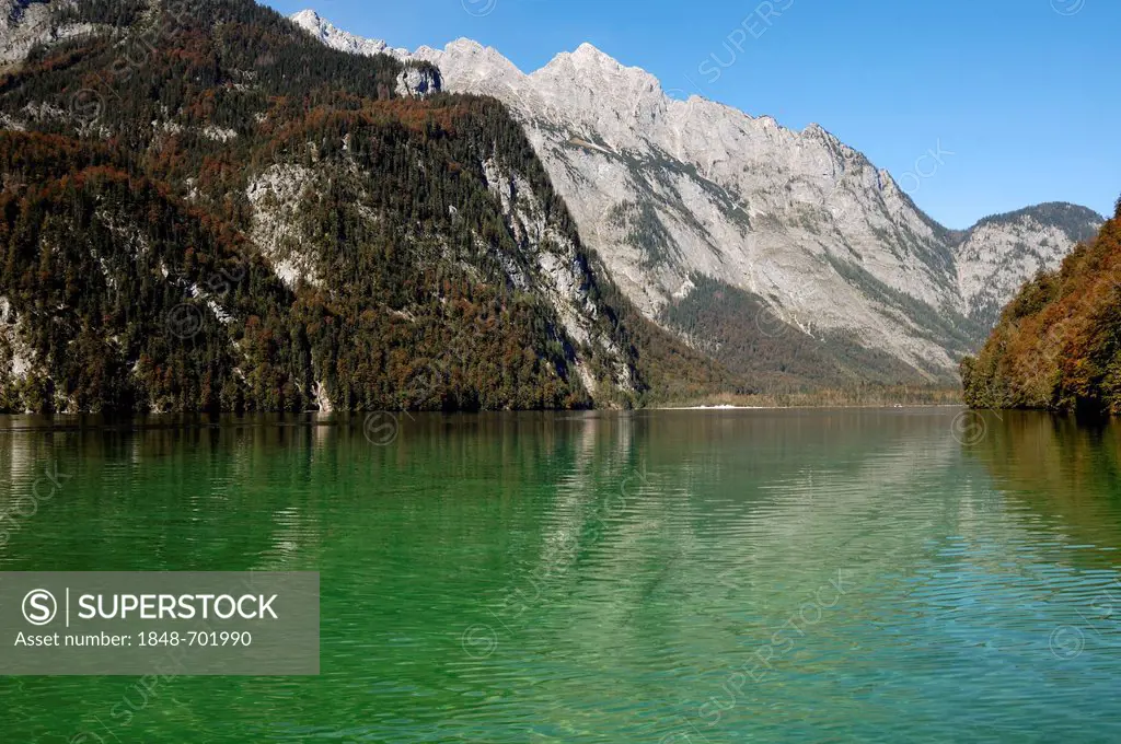 Lake Koenigssee and Watzmann mountain as seen from Salet, Upper Bavaria, Bavaria, Germany, Europe