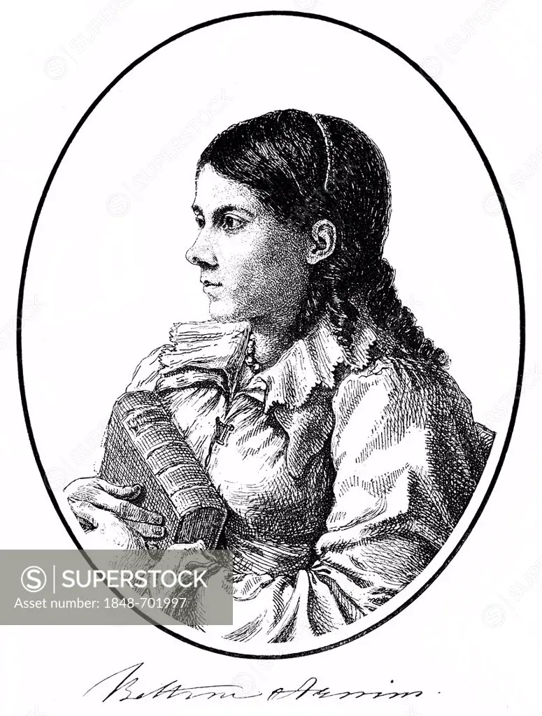 Historic print, engraving, 1809, portrait of Bettina von Arnim, 1785-1859, German writer of the German Romanticism, from Bildatlas zur Geschichte der ...