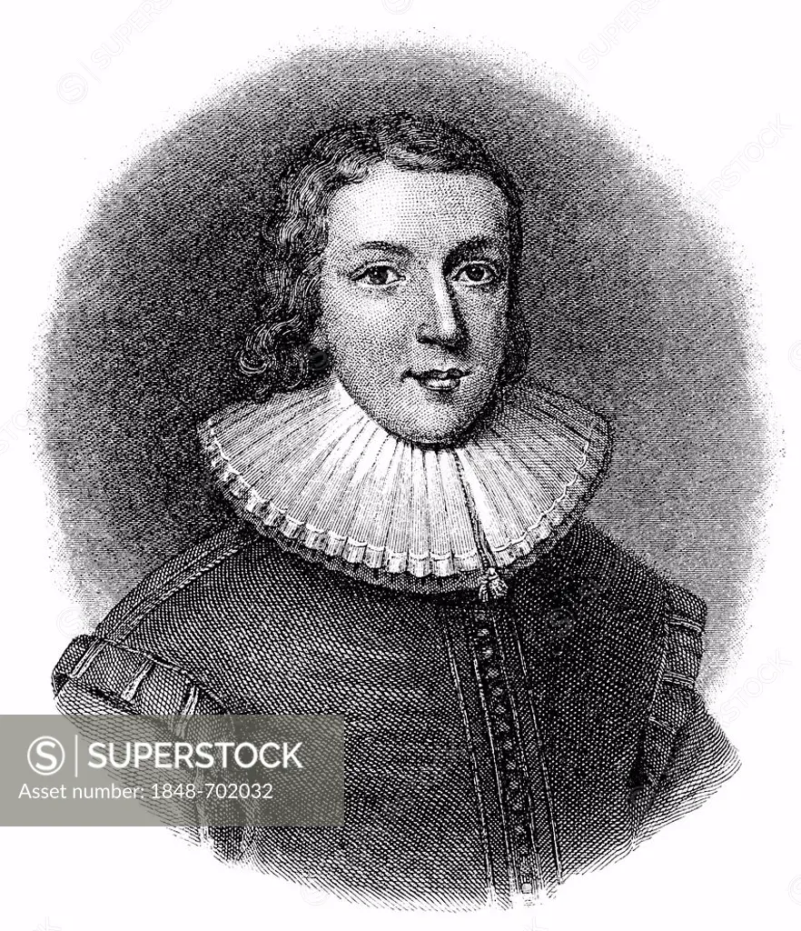 Historical engraving from 19th Century, portrait of John Milton, 1608-1674, English poet and political philosopher