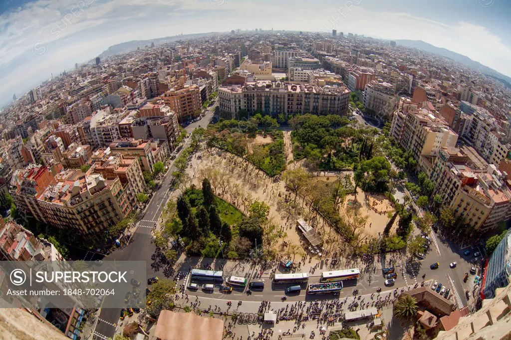 Aerial view from the towers of Sagrada Familia over Barcelona, Catalonia, Spain, Europe