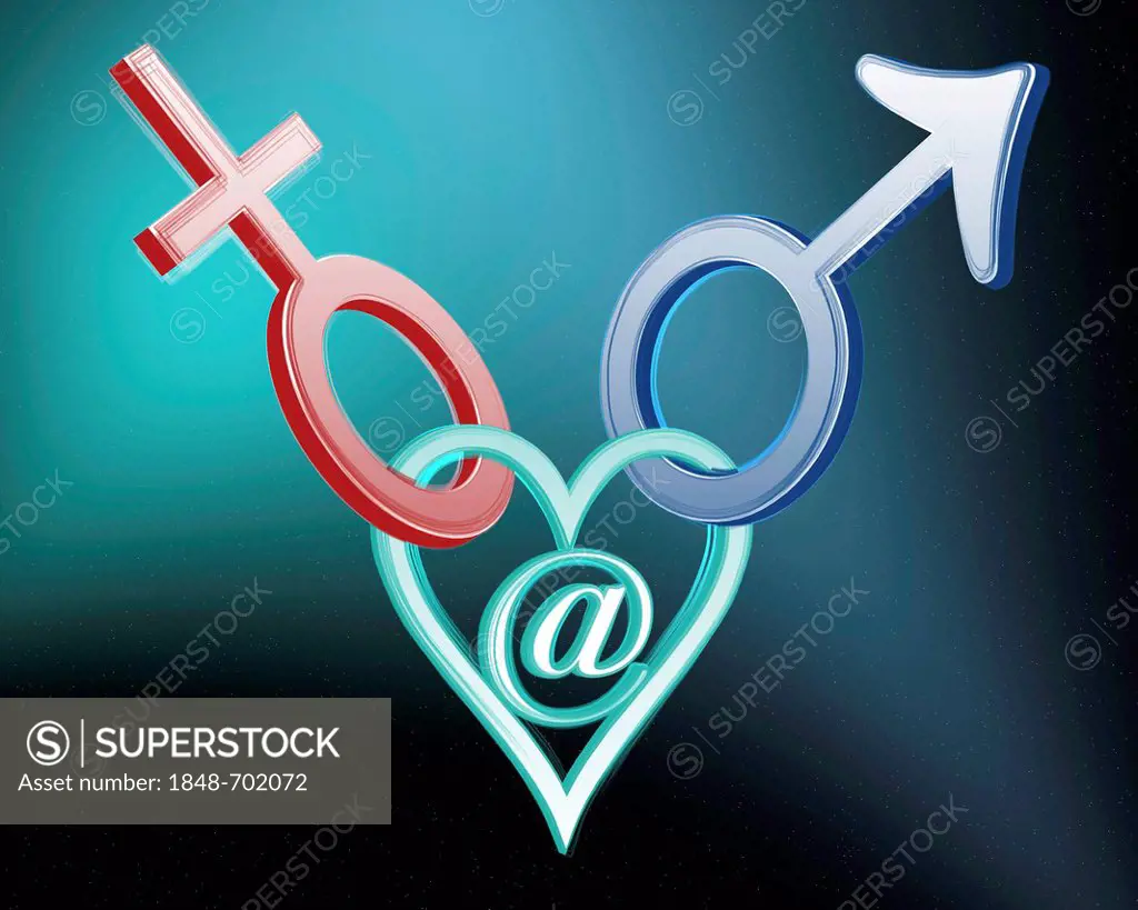 Venus symbol, Mars symbol, at sign, heart, symbolic image for internet friendship