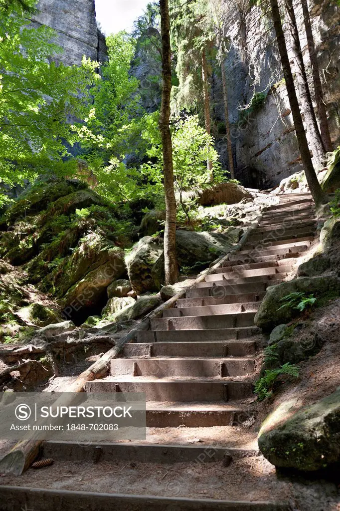 Schwedenloecher hiking path, stairs leading to the bastion, Rathen, Saxon Switzerland, Saxony, Germany, Europe