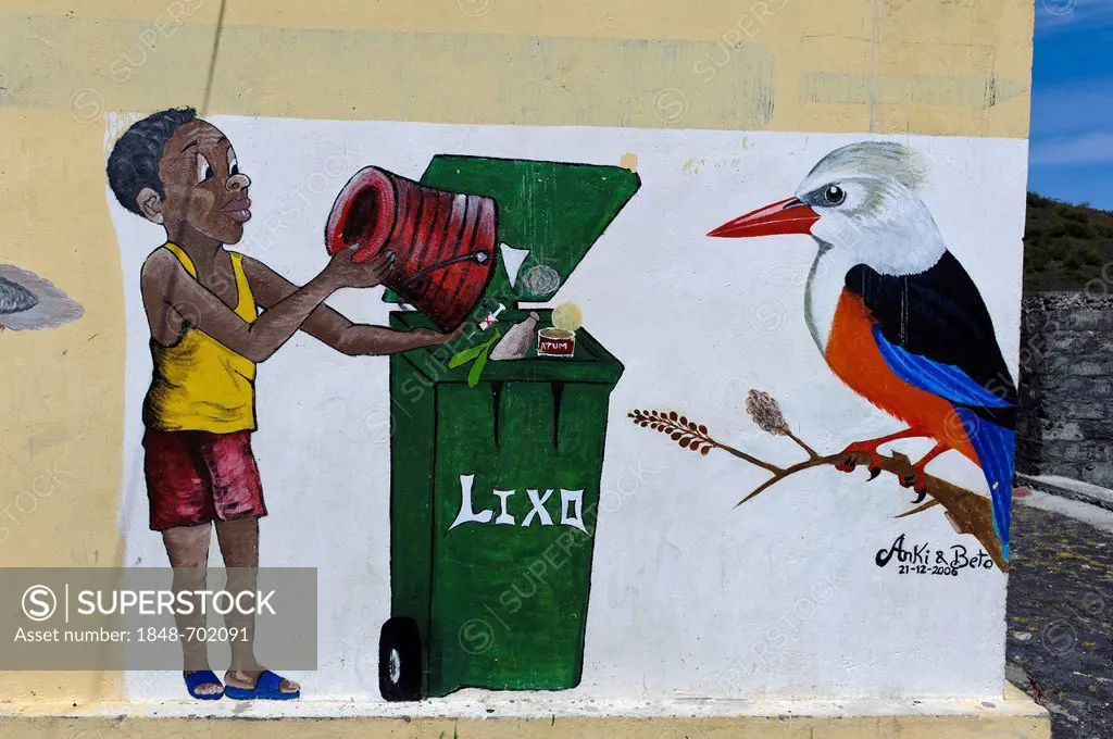 Mural with a person, rubbish bin and a grey-headed Kingfisher, Chí das Caldeiras, Plain of the Calderas, Fogo, Cape Verde, Africa