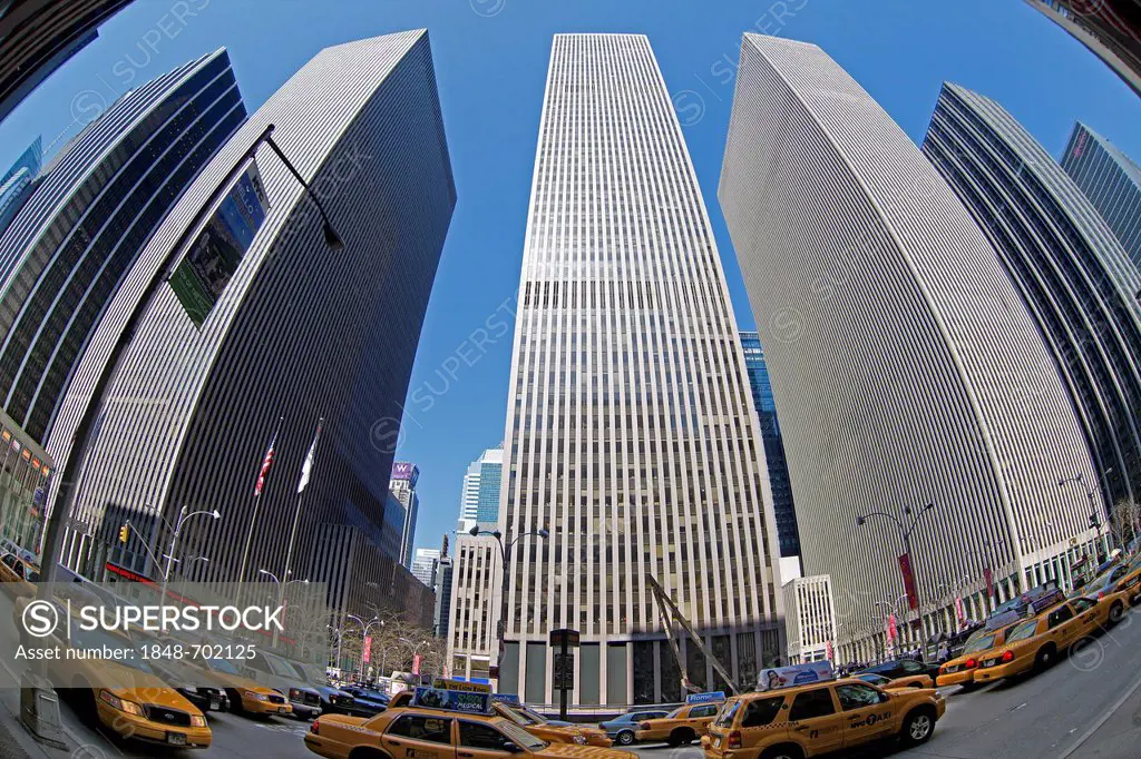 New York taxis, skyscrapers, fish eye shot, New York City, New York, United States, North America