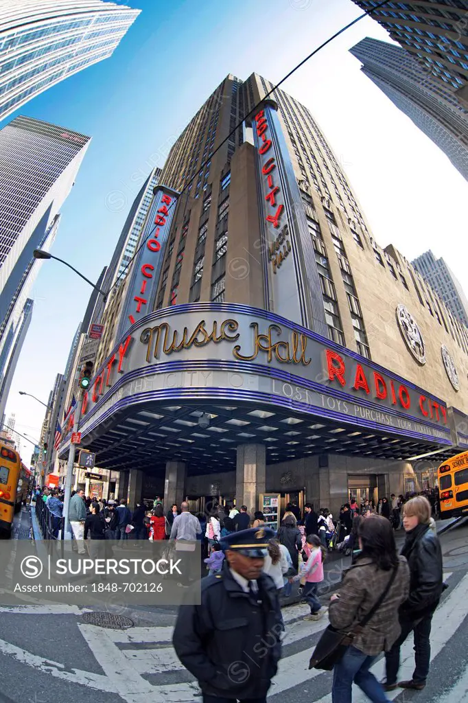 Radio City Music Hall, pedestrians, street scene, fish eye shot, New York City, New York, United States, North America