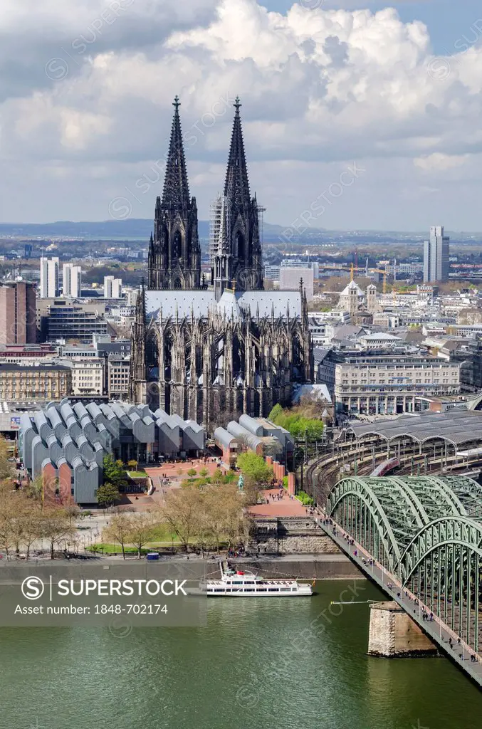 View from the Koeln Triangle office tower over the Rhine River with the Hohenzollern Bridge, Cologne Cathedral and the city of Cologne, North Rhine-We...
