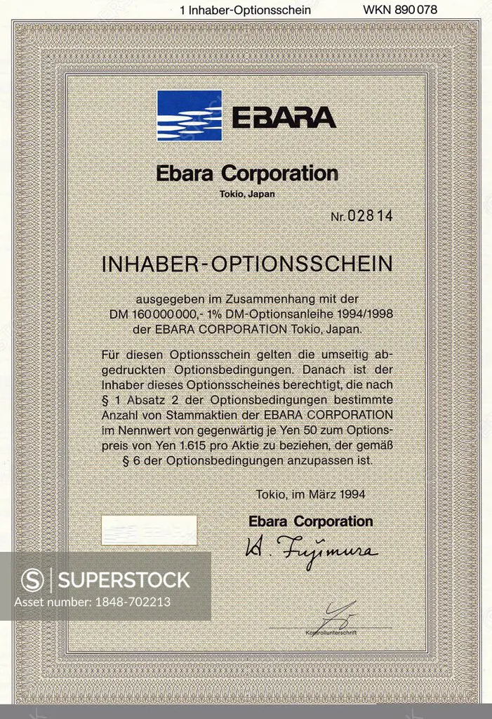 Historical share certificate, Japanese bearer warrant, German Mark, DM, Ebara Corporation, manufacturer of electrical and electronic pumps, 1994, Toky...