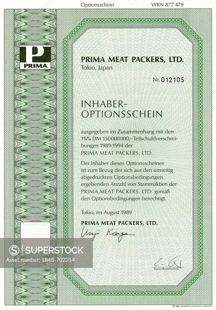 Historical share certificate, Japanese bearer warrant, German Mark, DM, Prima Meat Packers Limited, 1989, Tokyo, Japan