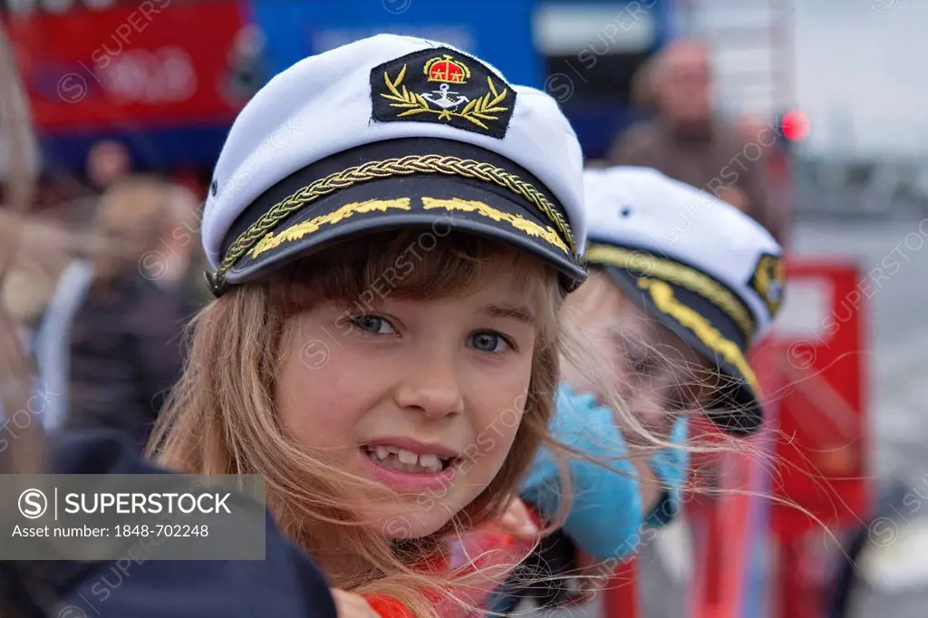 Children wearing captain's hats, harbour, Hamburg, Germany, Europe