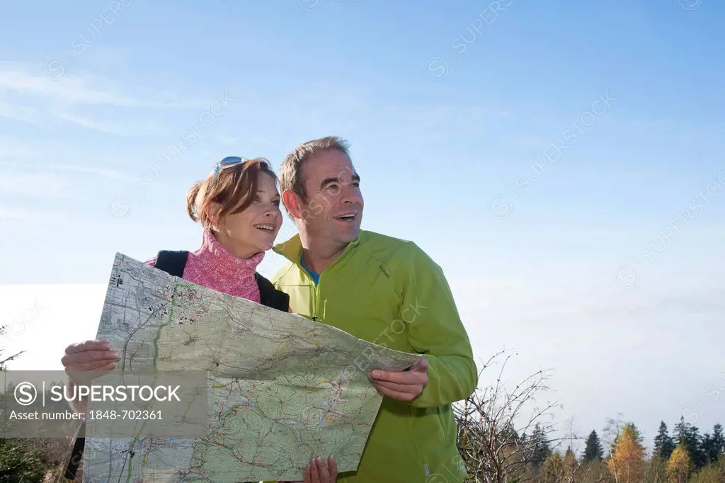 Hikers, couple, studying a trail map together, Black Forest, Baden-Wuerttemberg, Germany, Europe