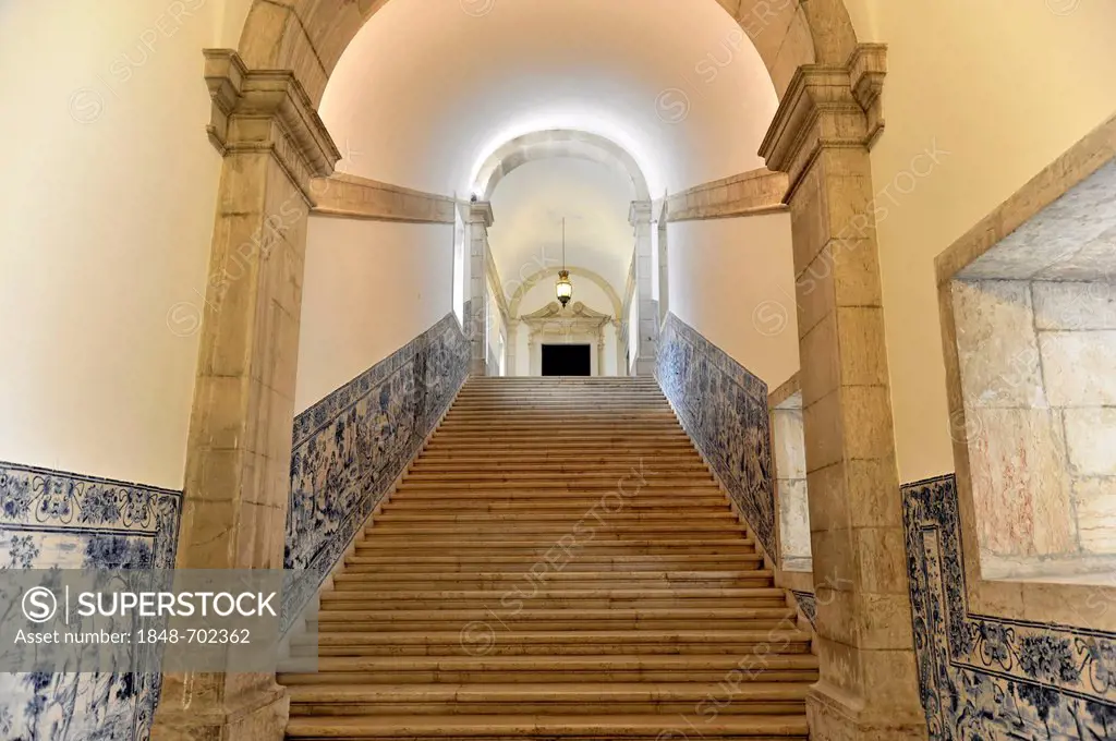 Staircase, Azulejos painted tiles, Sao Vicente de Fora Monastery, built until 1624, old town, Lisbon, Lisboa, Portugal, Europe