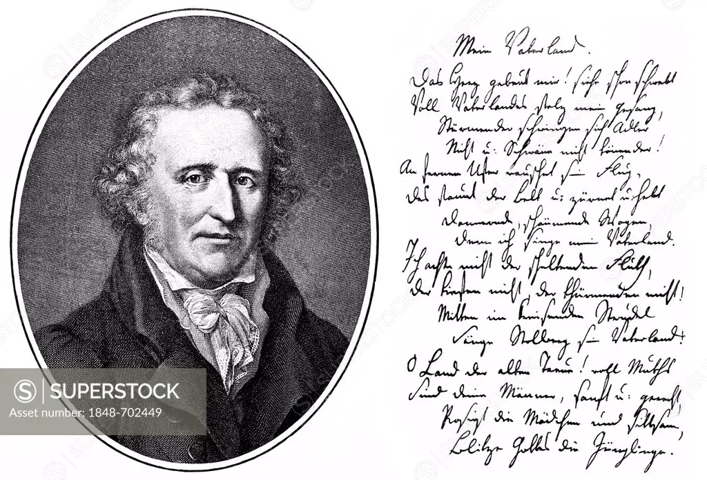 Historic print, copper engraving, 1780, portrait and manuscript of Count Friedrich Leopold zu Stolberg-Stolberg, 1750 - 1819, a German poet, translato...