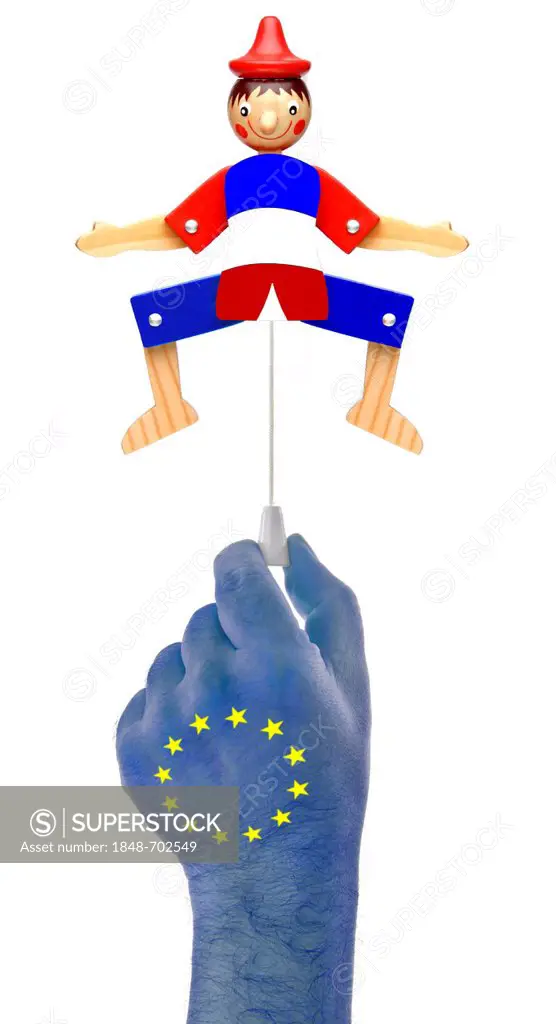Hand with European stars pulling the rope of a jumping jack in French national colors, symbolic image