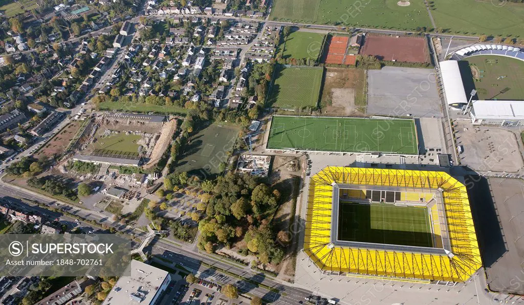 Aerial view, New Tivoli stadium, Alemannia Aachen soccer stadium, built in 2009, Aachen, North Rhine-Westphalia, Germany, Europe