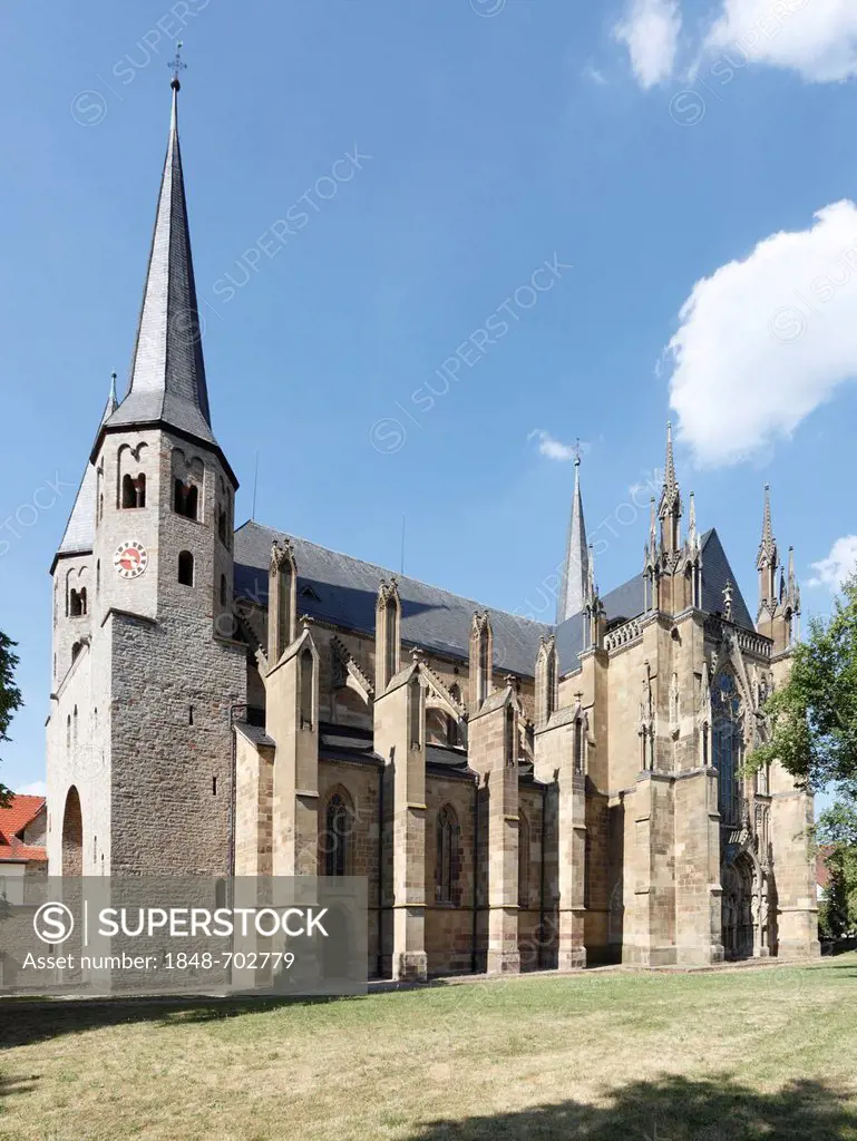 Gothic Abbey Church of Saint Peter, former collegiate church of the knights and monastery of the Benedictine Abbey Gruessau, south facade with Romanes...