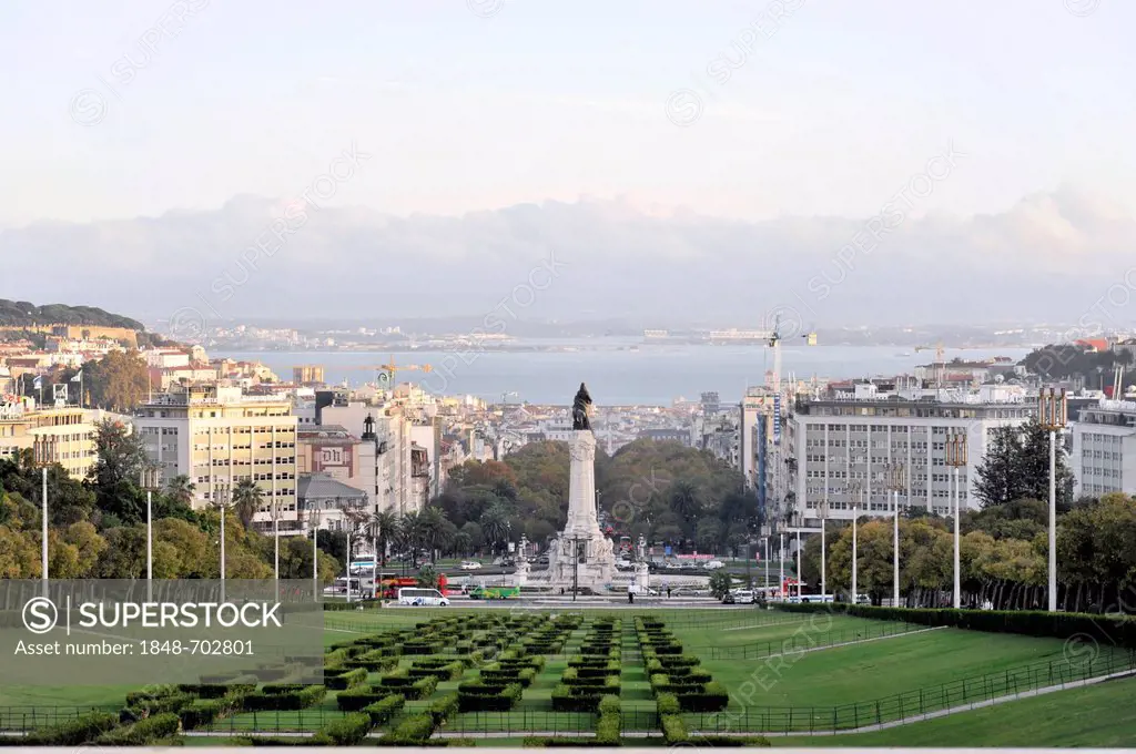 Parque Eduardo VII park, view from the northern end of the park towards the Praca Marques de Pombal, towards the city centre, Lisbon, Lisboa, Portugal...