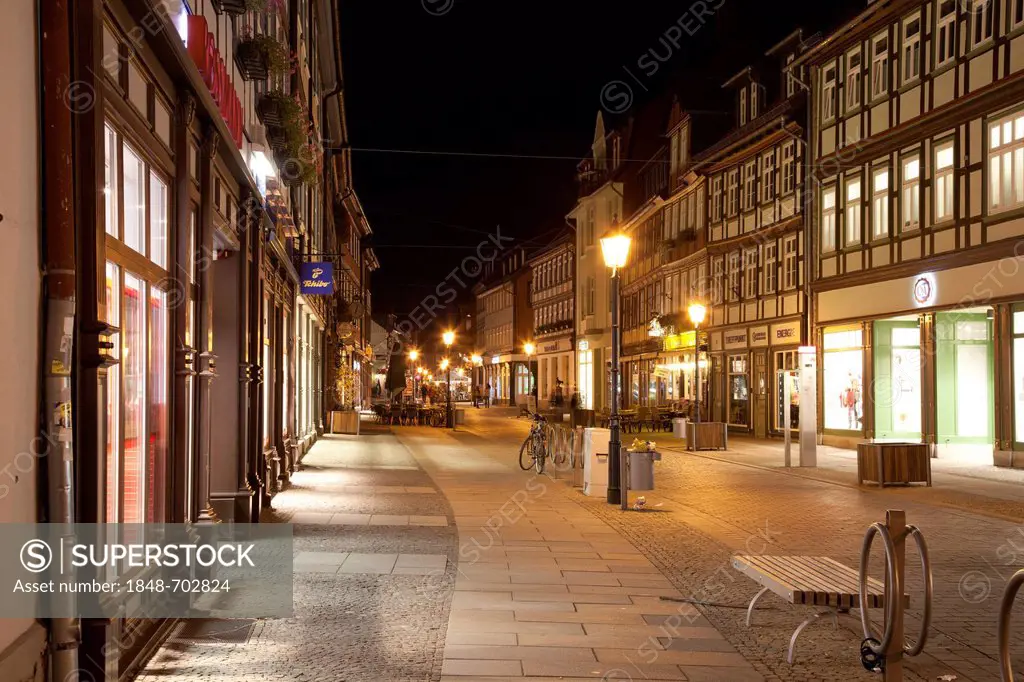 Breite Strasse street pedestrian zone at night, Wernigerode, Harz area, Saxony-Anhalt, Germany, Europe, PublicGround