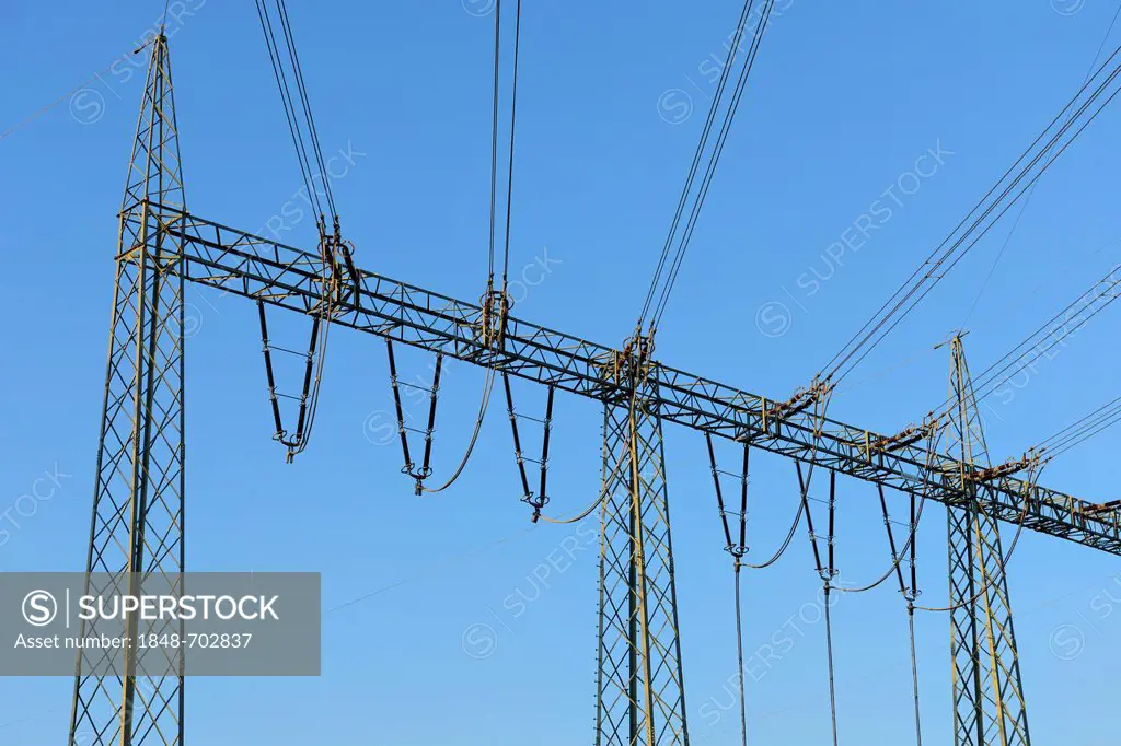 High voltage transmission lines at Grafenrheinfeld Nuclear Power Plant, near Schweinfurt, Lower Franconia, Bavaria, Germany, Europe