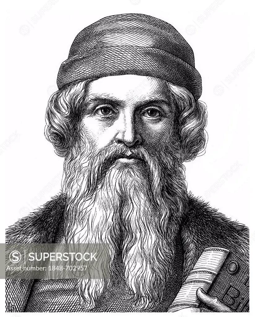 Historical drawing from the 19th Century, portrait of Johannes Gensfleisch or Gutenberg, 1400 - 1468, inventor of printing with movable metal type and...