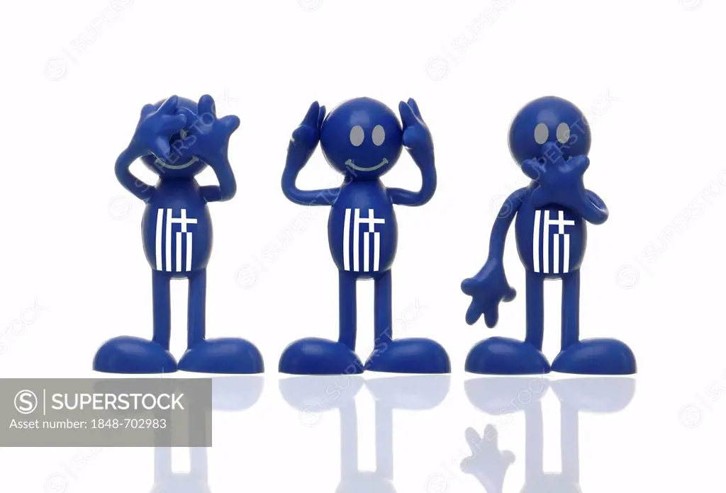 Blue figures with Greek flags, hearing nothing, seeing nothing, saying nothing, blind, deaf, silent, symbolic image for Europe and the euro crisis