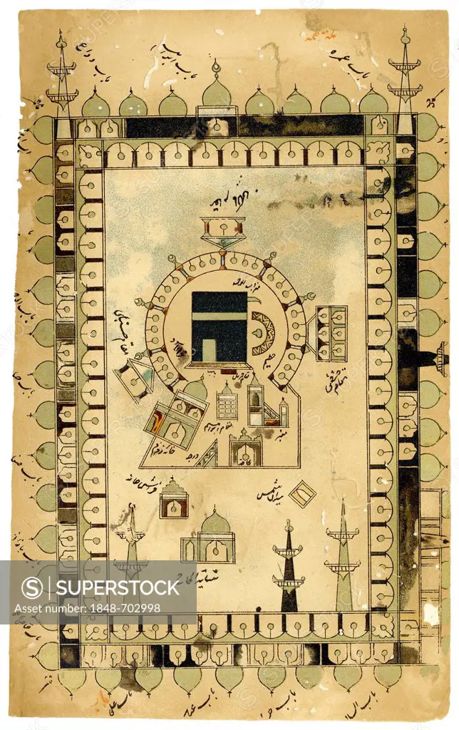 Historical print from the 19th century, facsimile from the Persian pilgrims book Futuh el hara-Muhyi, from a manuscript of 1576, depicting the Mosque ...
