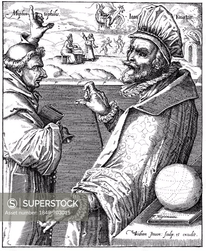 Historical illustration from the 19th century, depiction from the 16th century of Dr. Faust or Faustus and Mephistopheles or Mephisto as a monk