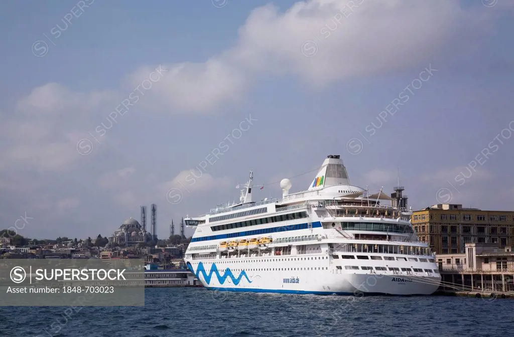 The cruise ship Aidavita at dock on the Bosphorus strait, Istanbul, Turkey, Europe