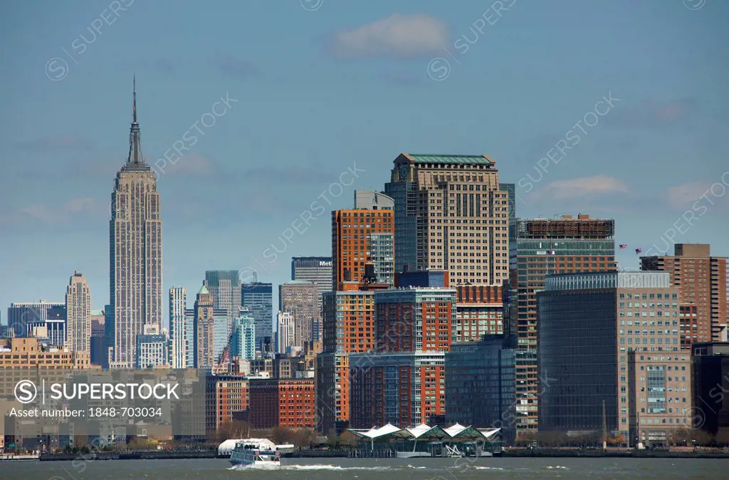 Manhattan skyline seen from Liberty Island, New York City, New York, United States, North America