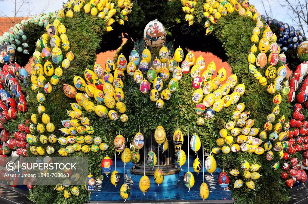 Painted Easter eggs decorating the Easter fountain 2012, Schechingen, Baden-Wuerttemberg, Germany, Europe