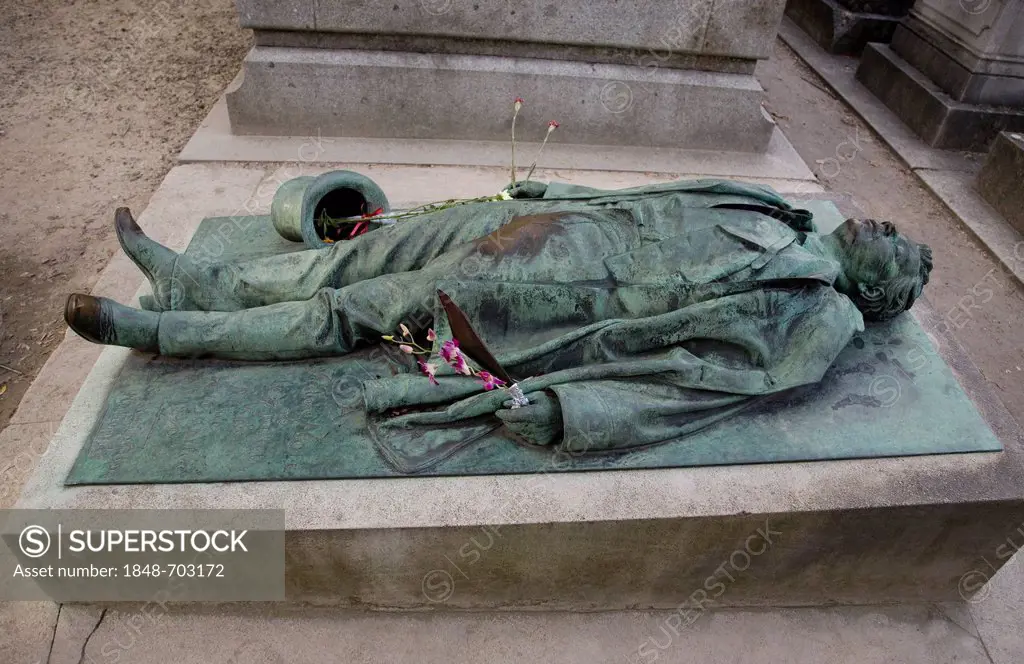Grave of Victor Noir, Yvan Salmon, French journalist, died 11 January 1870 in Paris, the tomb with the statue by sculptor Jules Dalou shows a clearly ...