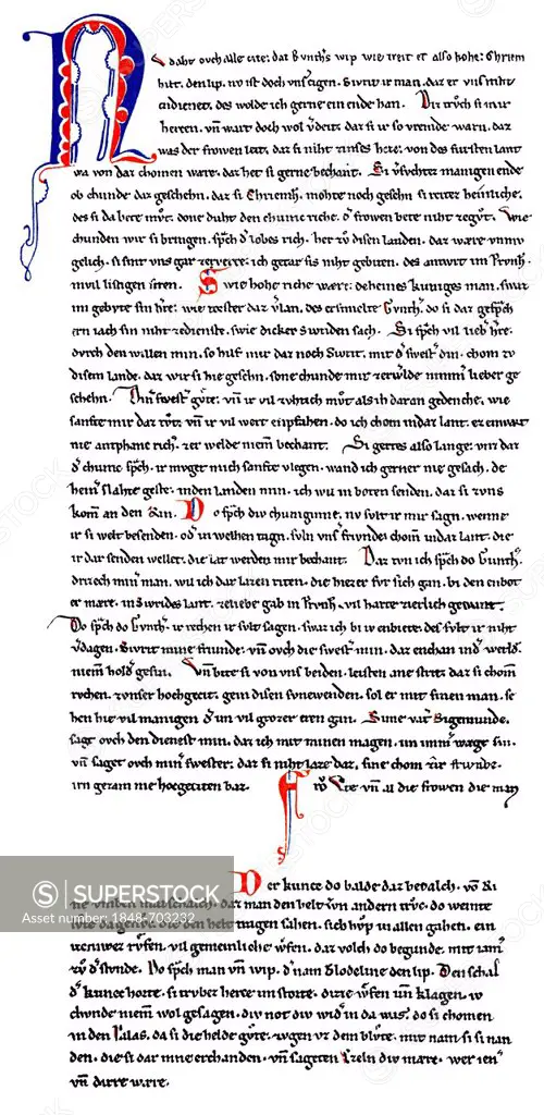 Historical manuscript, Nibelungen manuscript, Donaueschingen manuscript, Nibelungen saga, 13th Century, from Bildatlas zur Geschichte der Deutschen Na...