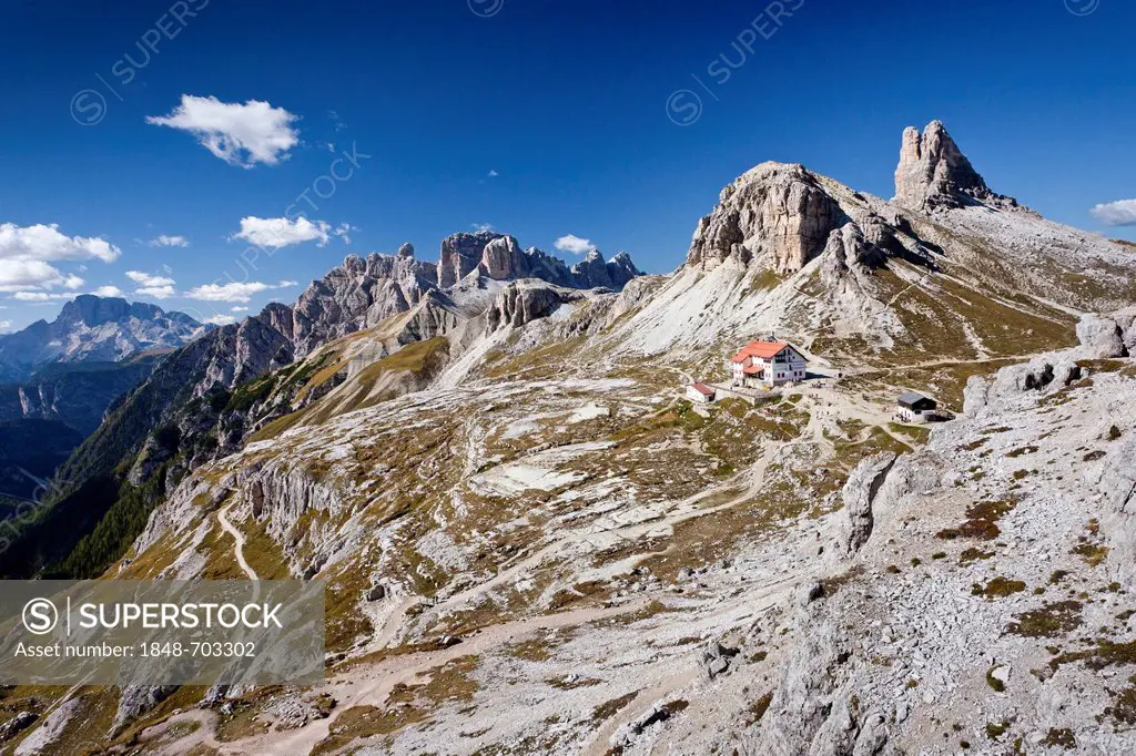 Descending from Paternkofel mountain, view of Dreizinnenhuette mountain lodge or Rifugio Antonio Locatelli S. Innerkofler mountain lodge, Toblinger Kn...