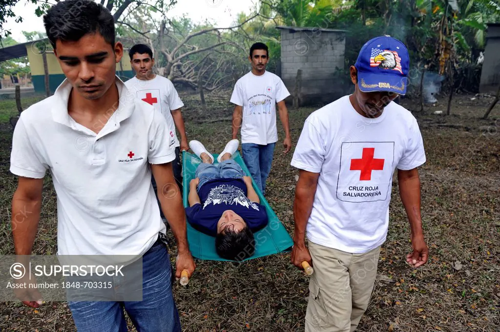 Disaster prevention, Red Cross volunteers in El Salvador during a rescue exercise, El Salvador is the country most vulnerable to natural disasters in ...