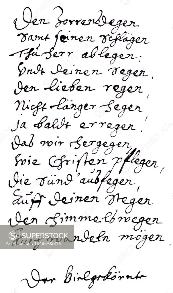 Historic manuscript, poem by the writer Dietrich von dem Werder 1584 - 1657, from Bildatlas zur Geschichte der Deutschen Nationalliteratur, an illustr...