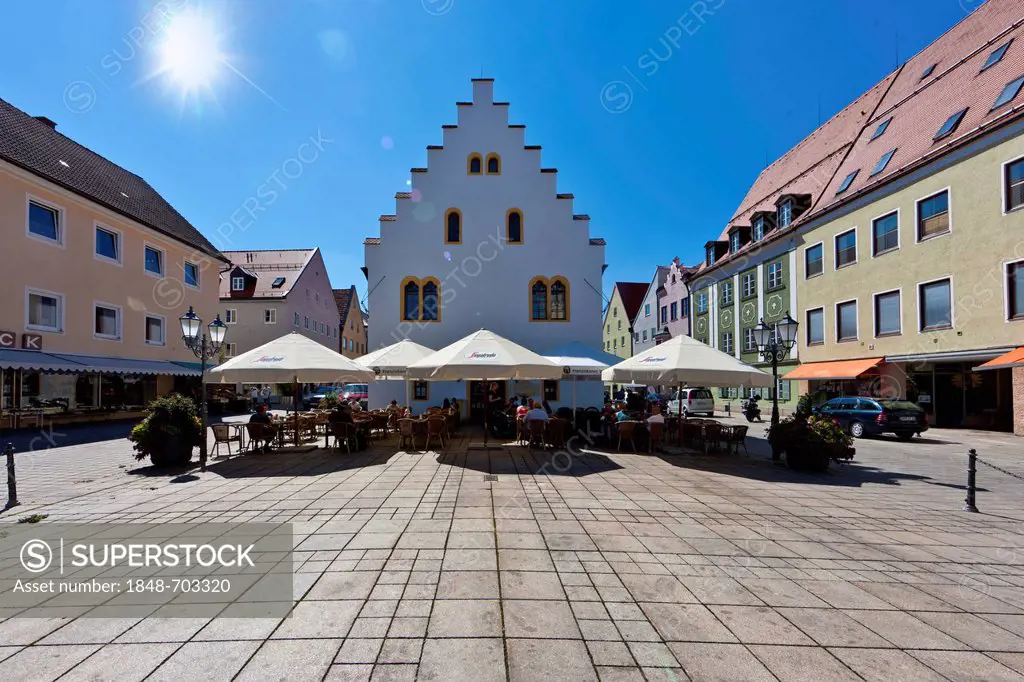 Ballenhaus building and market square with restaurants, Schongau, Upper Bavaria, Bavaria, Germany, Europe, PublicGround