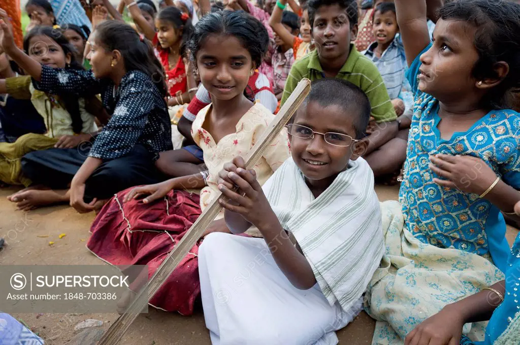 Boy dressed as Mahatma Gandhi during a demonstration against child labor, Karur, Tamil Nadu, South India, Asia