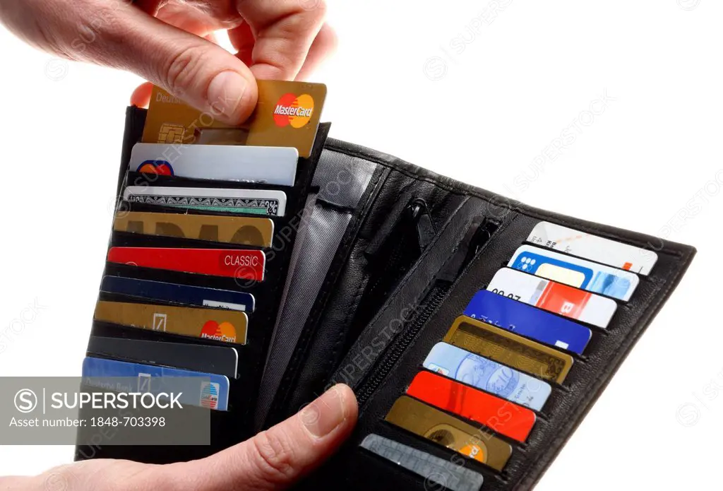 Wallet with various credit cards, bank cards, store cards