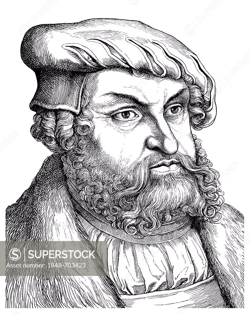 Historical drawing from the 19th Century, portrait of Johann the Steadfast, 1468 - 1532, Elector of Saxony